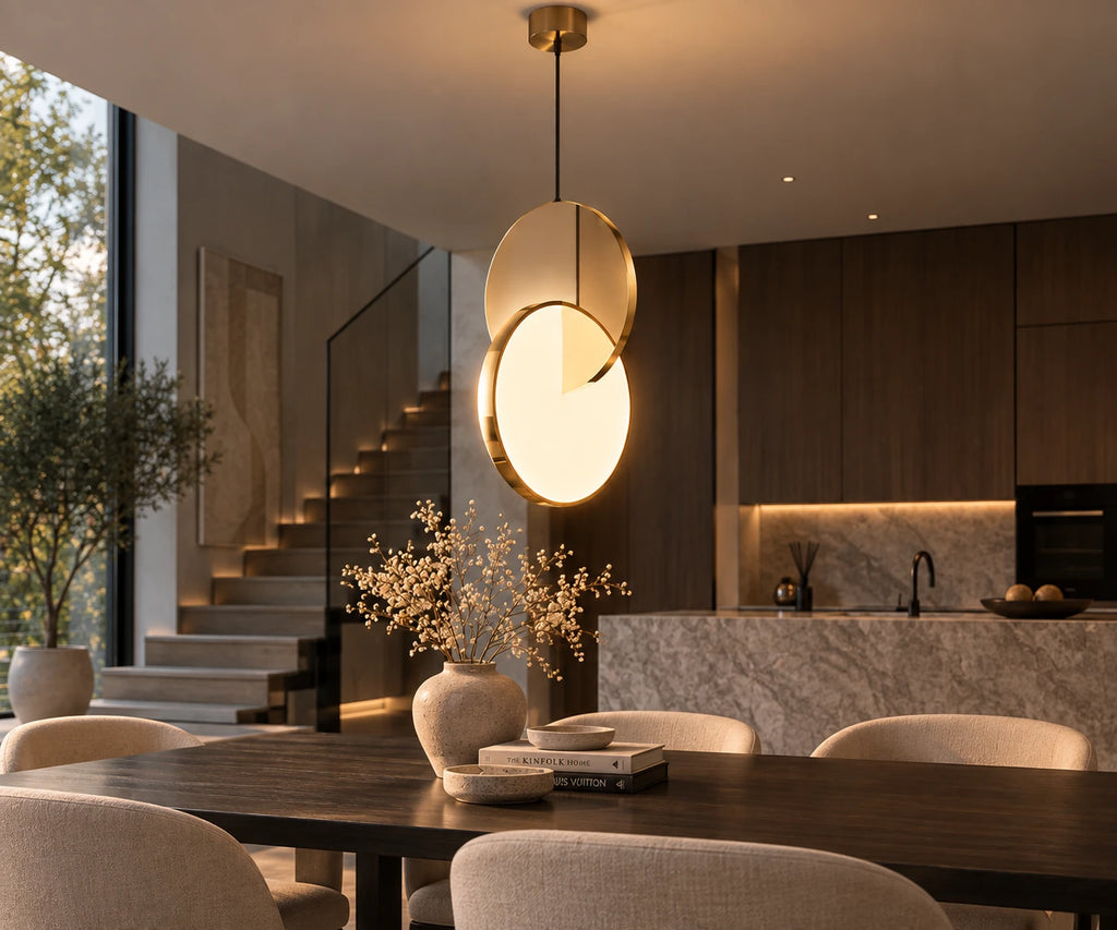 HaloArc gouden hanglamp boven moderne eettafel
