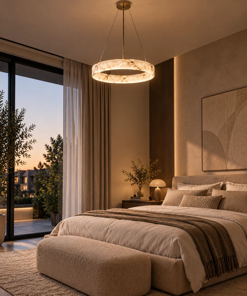 MarbleGlow hanglamp in een moderne slaapkamer
