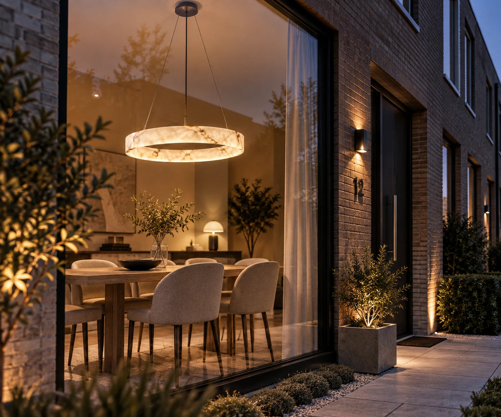 MarbleGlow hanglamp zichtbaar door het raam van een moderne woning in de avond