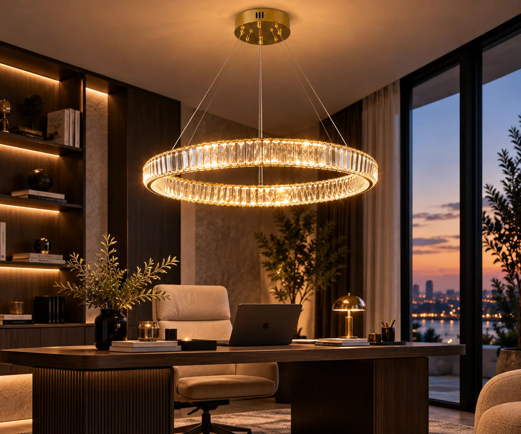 OrbitRing hanglamp met één kristallen ring in een moderne kantoorruimte