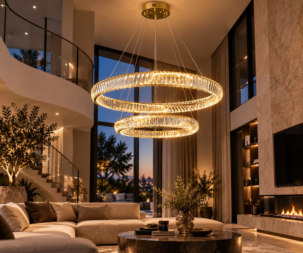 OrbitRing hanglamp met twee kristallen ringen in een moderne woonkamer