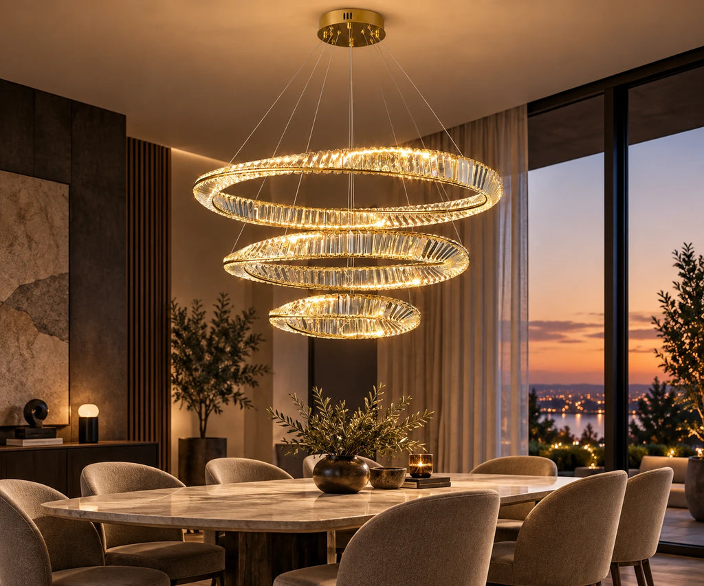 OrbitRing hanglamp met drie kristallen ringen boven een moderne eettafel