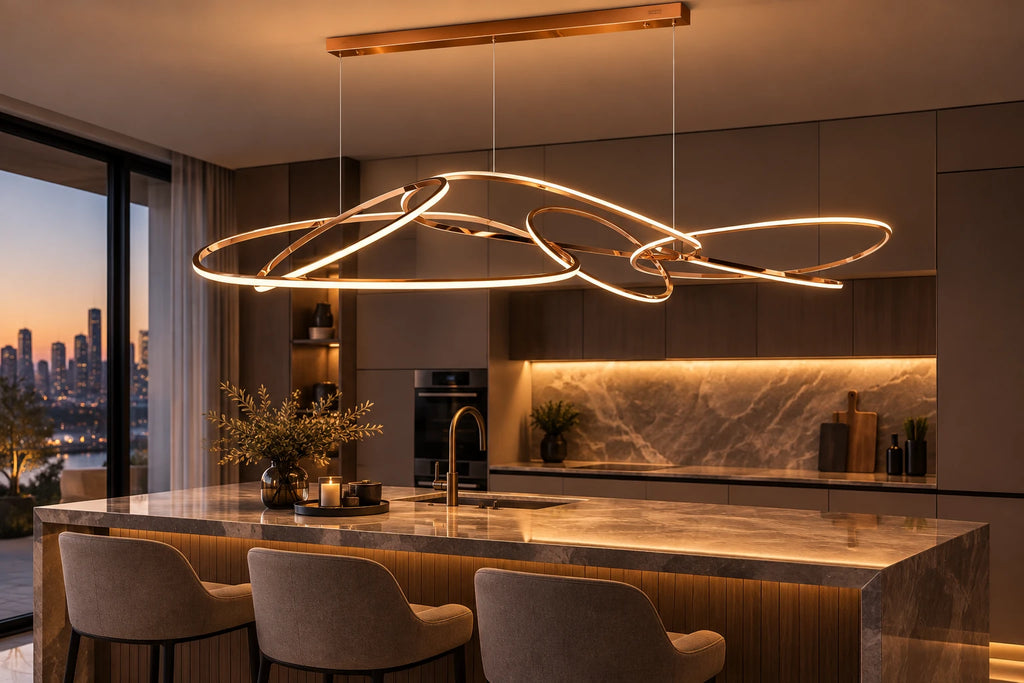 AuraRing Rosé 6-ringen hanglamp boven kookeiland