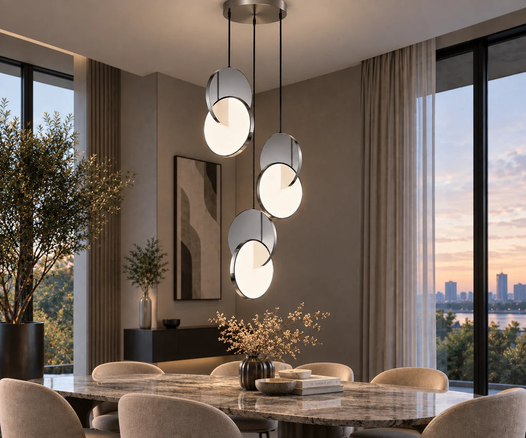 HaloArc zilveren hanglamp set van 3 boven moderne eettafel